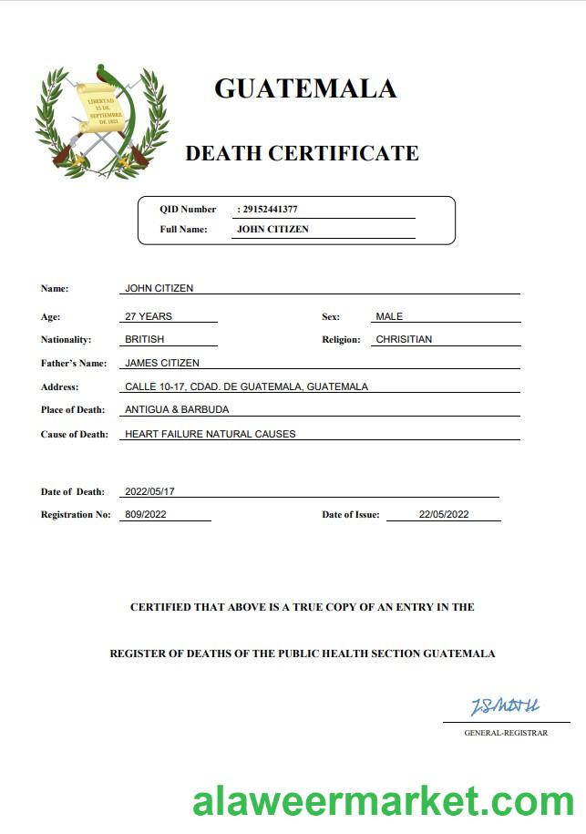 Guatemala death certificate Word and PDF template
